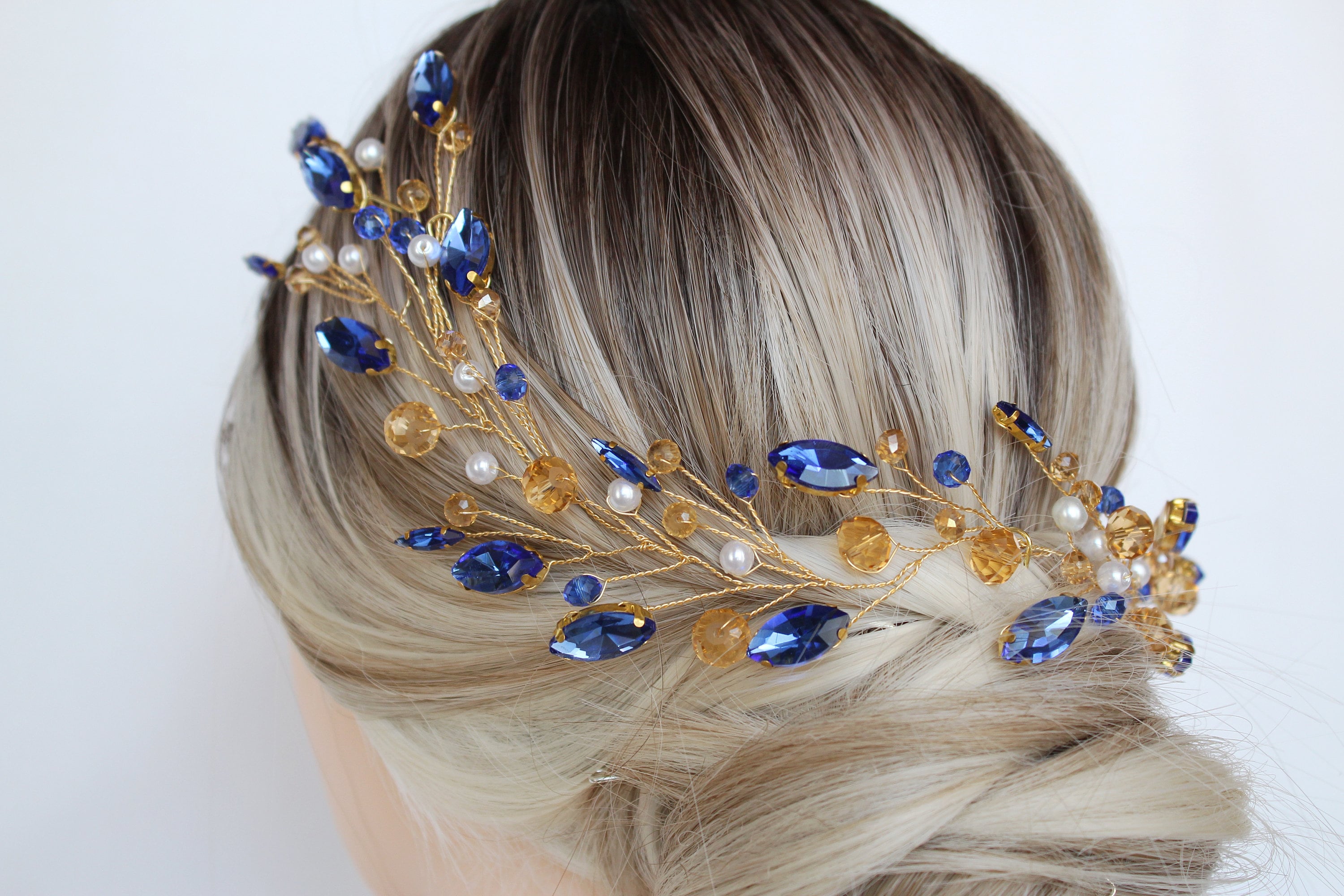 Sapphire Blue Wedding Hair Vine: Gold Bridal Hair Piece