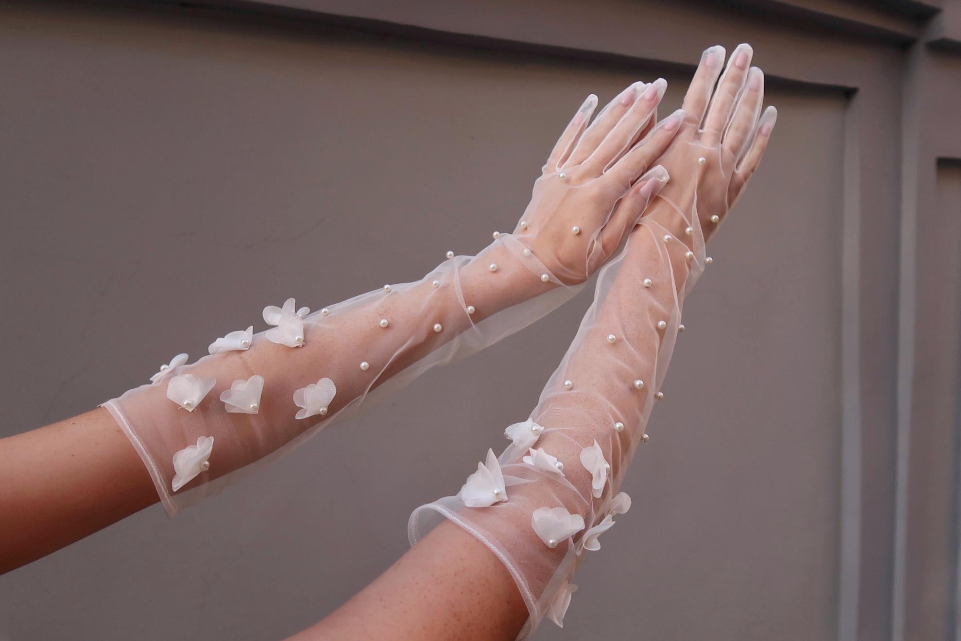 Pearl Bridal Gloves, Long Flower Sheer Gloves