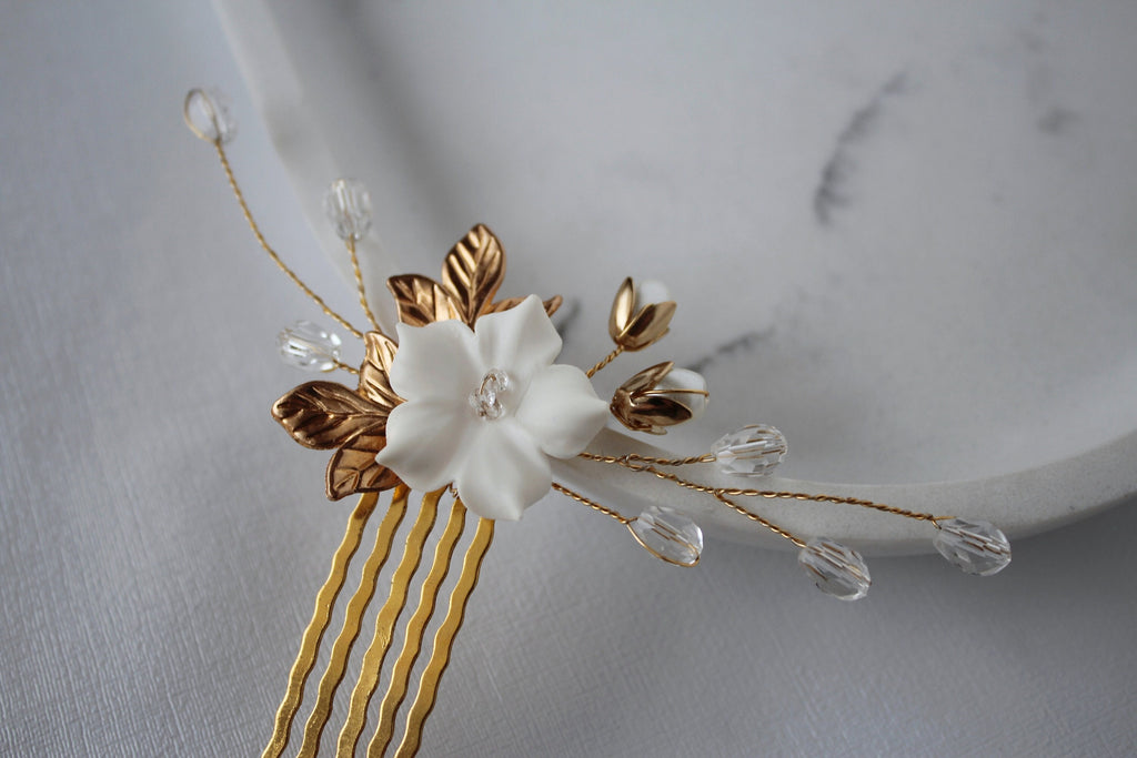 Gold Flower Wedding Hair Comb: Rhinestone Pearl Bridal Hairpiece