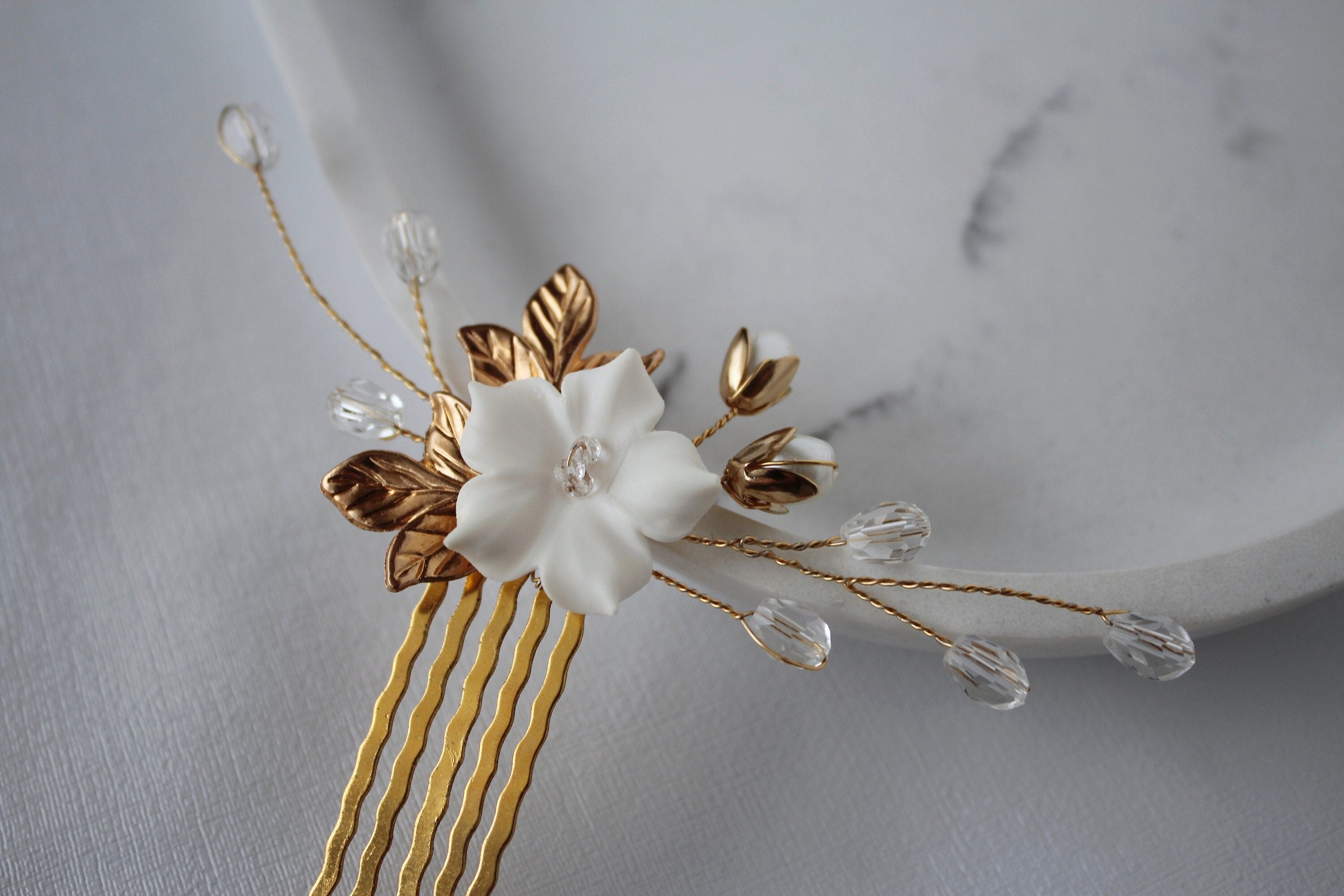 Gold Flower Wedding Hair Comb: Rhinestone Pearl Bridal Hairpiece