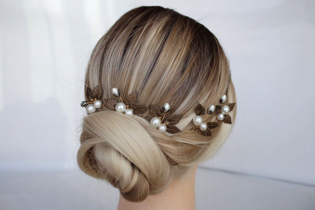 Vintage Pearl Hair Pins: Bronze Leaf Bridal Hair Accessory