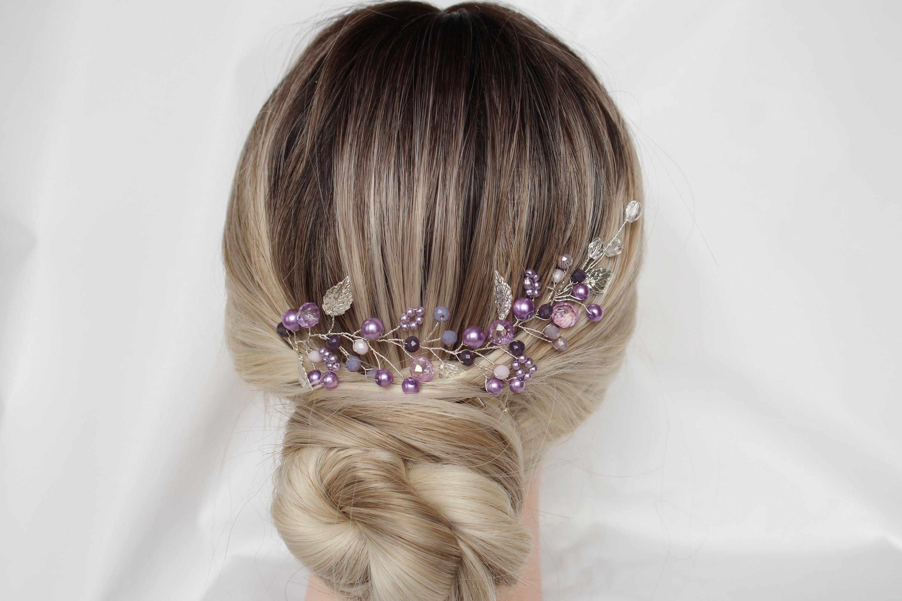 Purple Pearl Hair Vine: Lavender Bridal Headband, Amethyst Jewelry