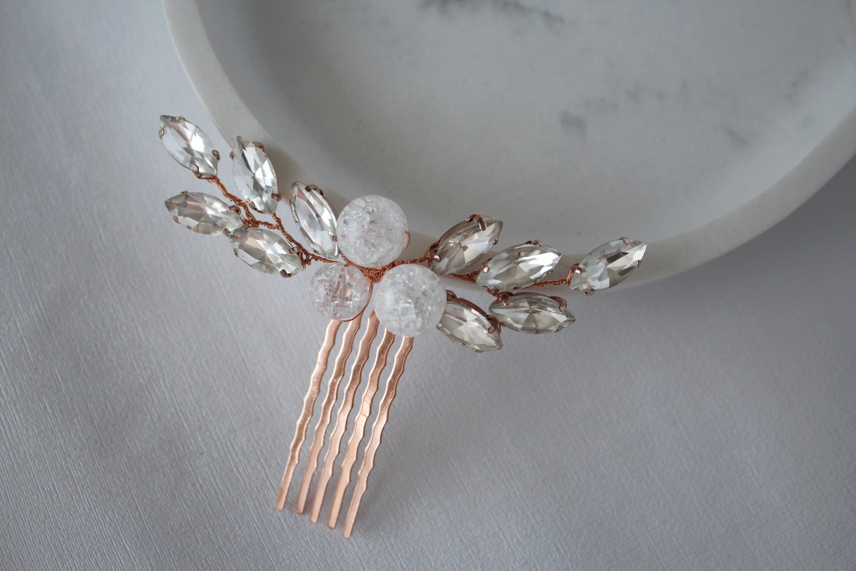 Rose Gold Bridal Hair Comb: Quartz Crystal Headpiece