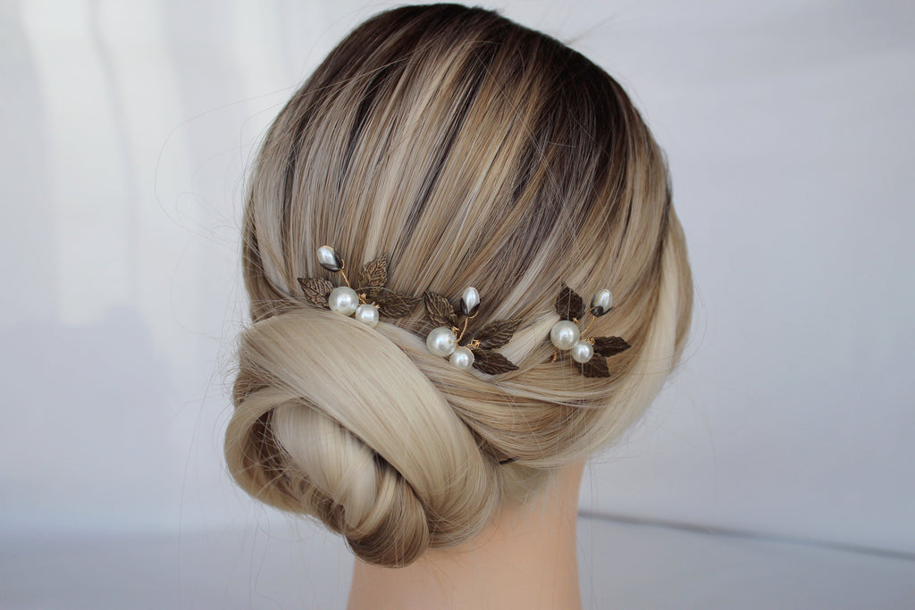 Vintage Pearl Hair Pins: Bronze Leaf Bridal Hair Accessory