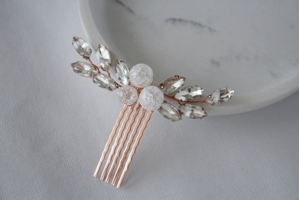Rose Gold Bridal Hair Comb: Quartz Crystal Headpiece
