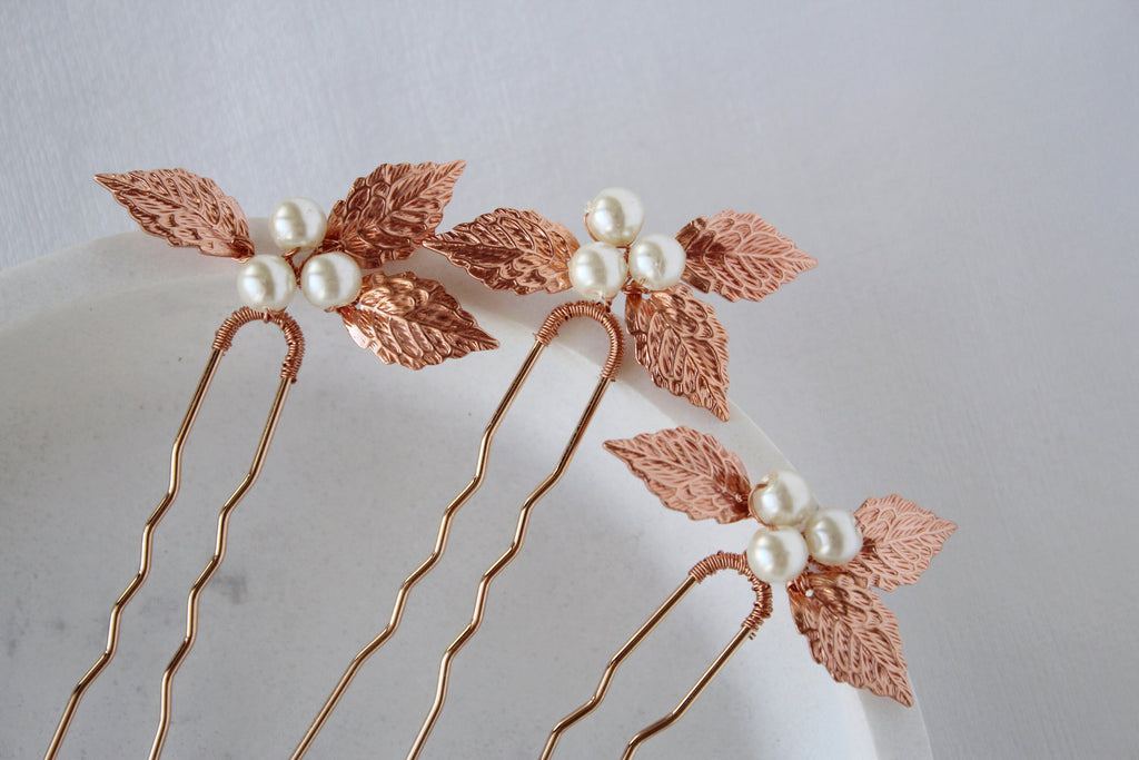 Rose Gold Pearl Wedding Hair Pins: Bridal Leaf Hair Piece