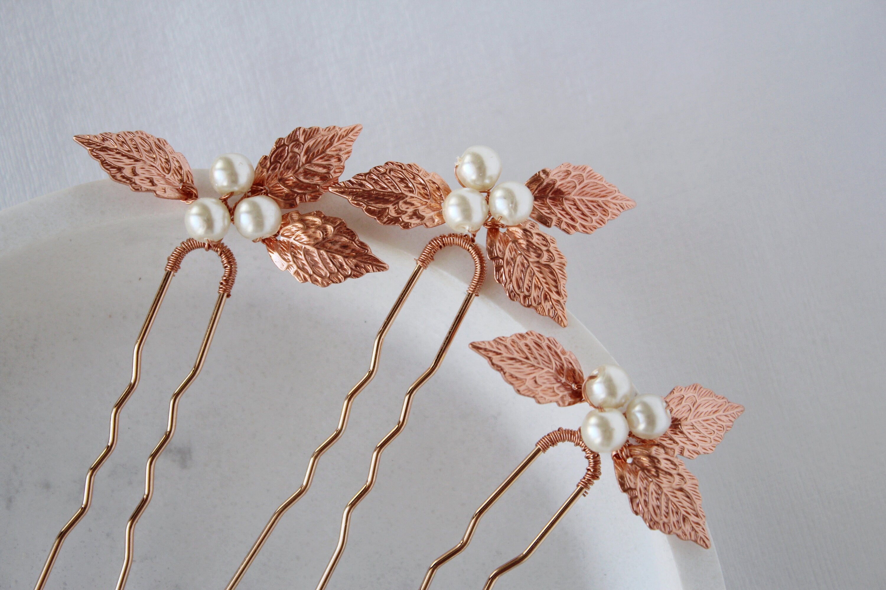 Rose Gold Pearl Wedding Hair Pins: Bridal Leaf Hair Piece