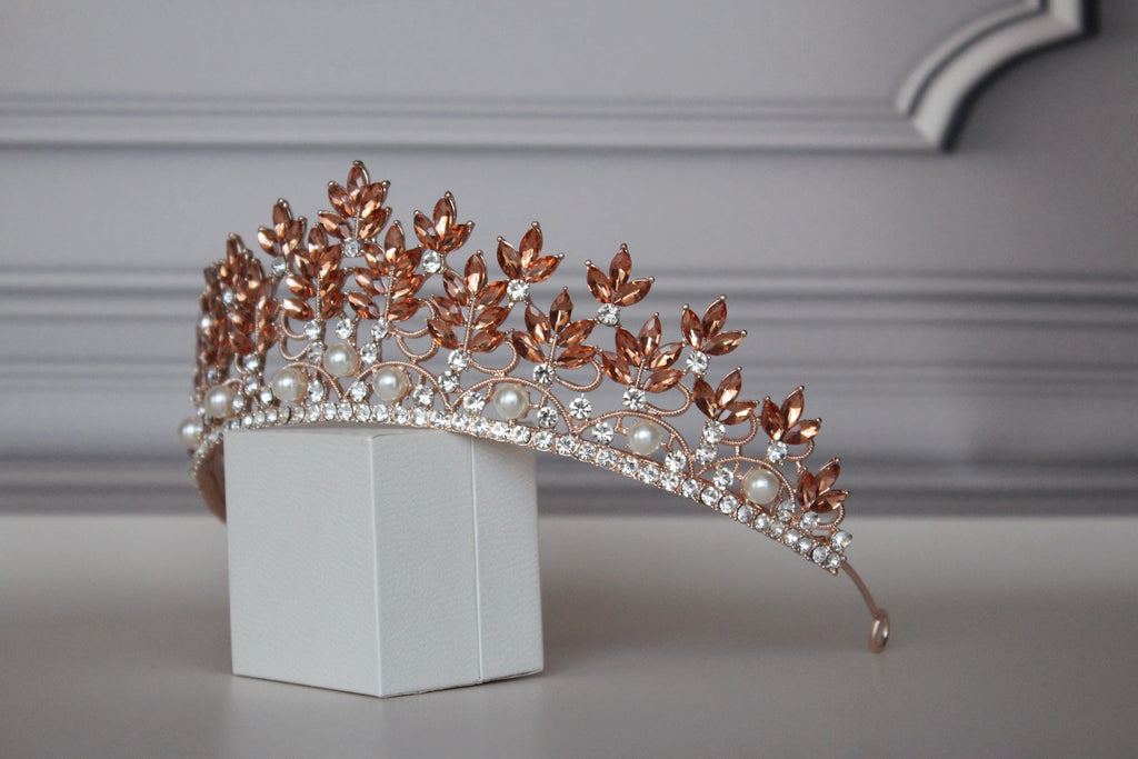 Rose Gold Tiara, Champagne Tiara, Pearl Bridal Tiara