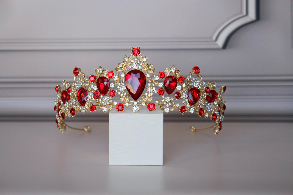 Red Ruby tiara with earrings, Prom tiara