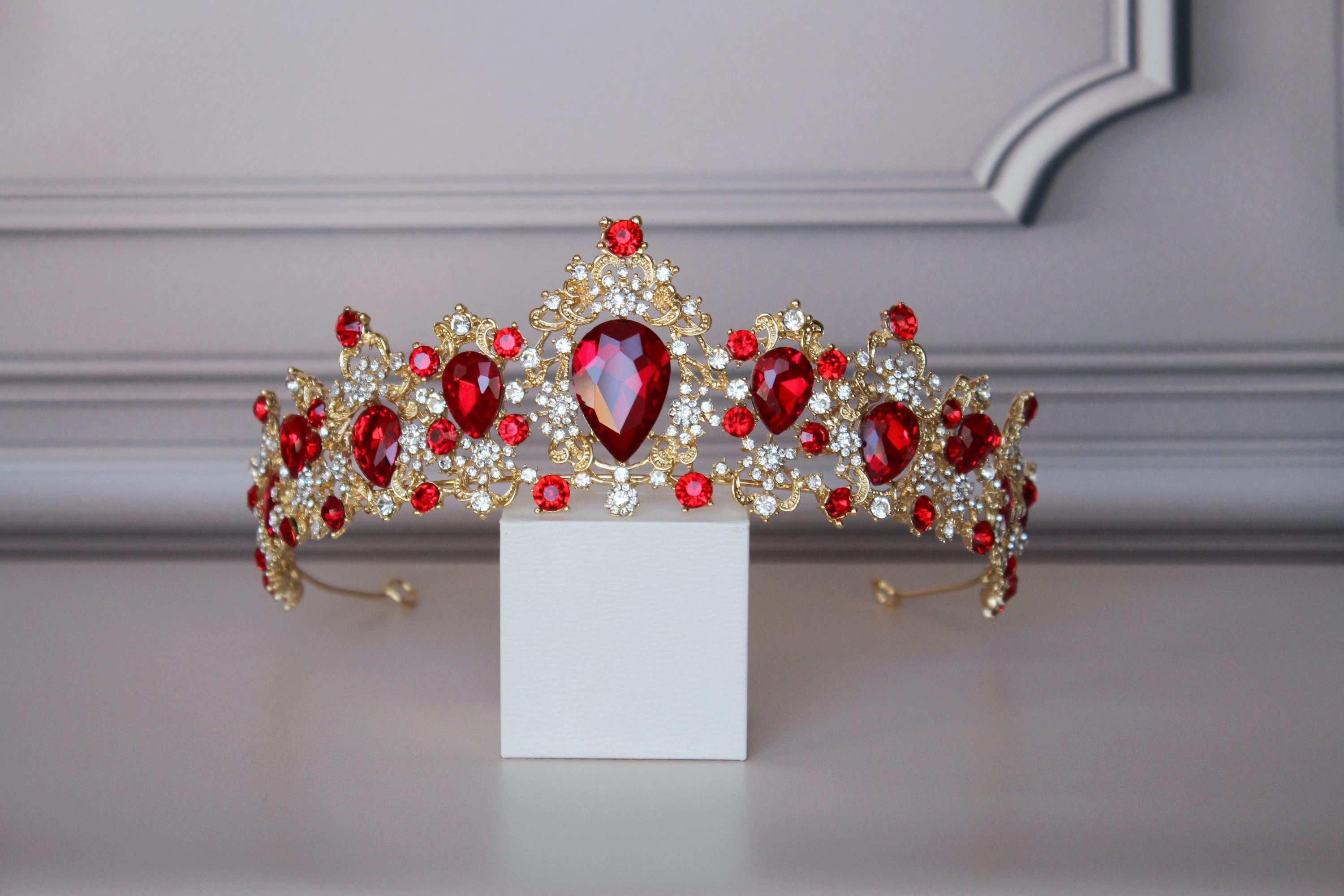 Red Ruby tiara with earrings, Prom tiara