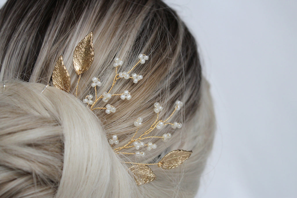 Gold Leaf Wedding Hair Pins: Pearl Bridal Hair Accessory