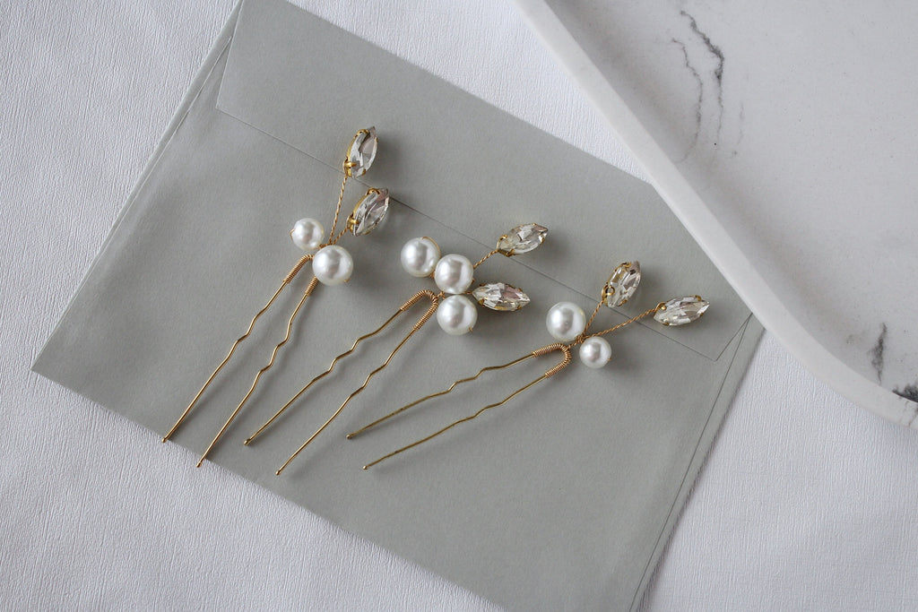 Pearl Crystal Wedding Hair Pins: Gold Bridal Hair Accessory, Set of 3
