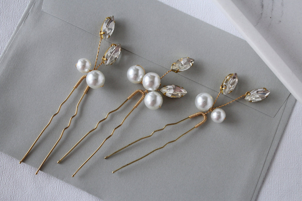 Pearl Crystal Wedding Hair Pins: Gold Bridal Hair Accessory, Set of 3