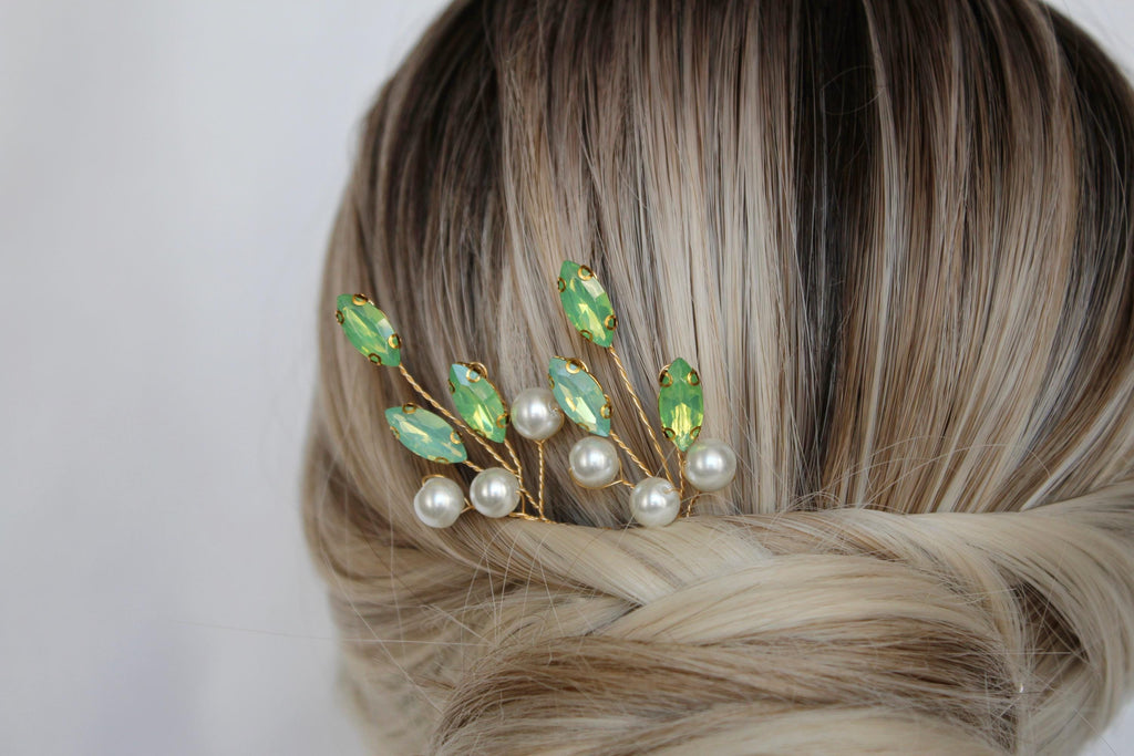 Green Opal Pearl Hair Pins: Bridal Wedding Hair Accessories