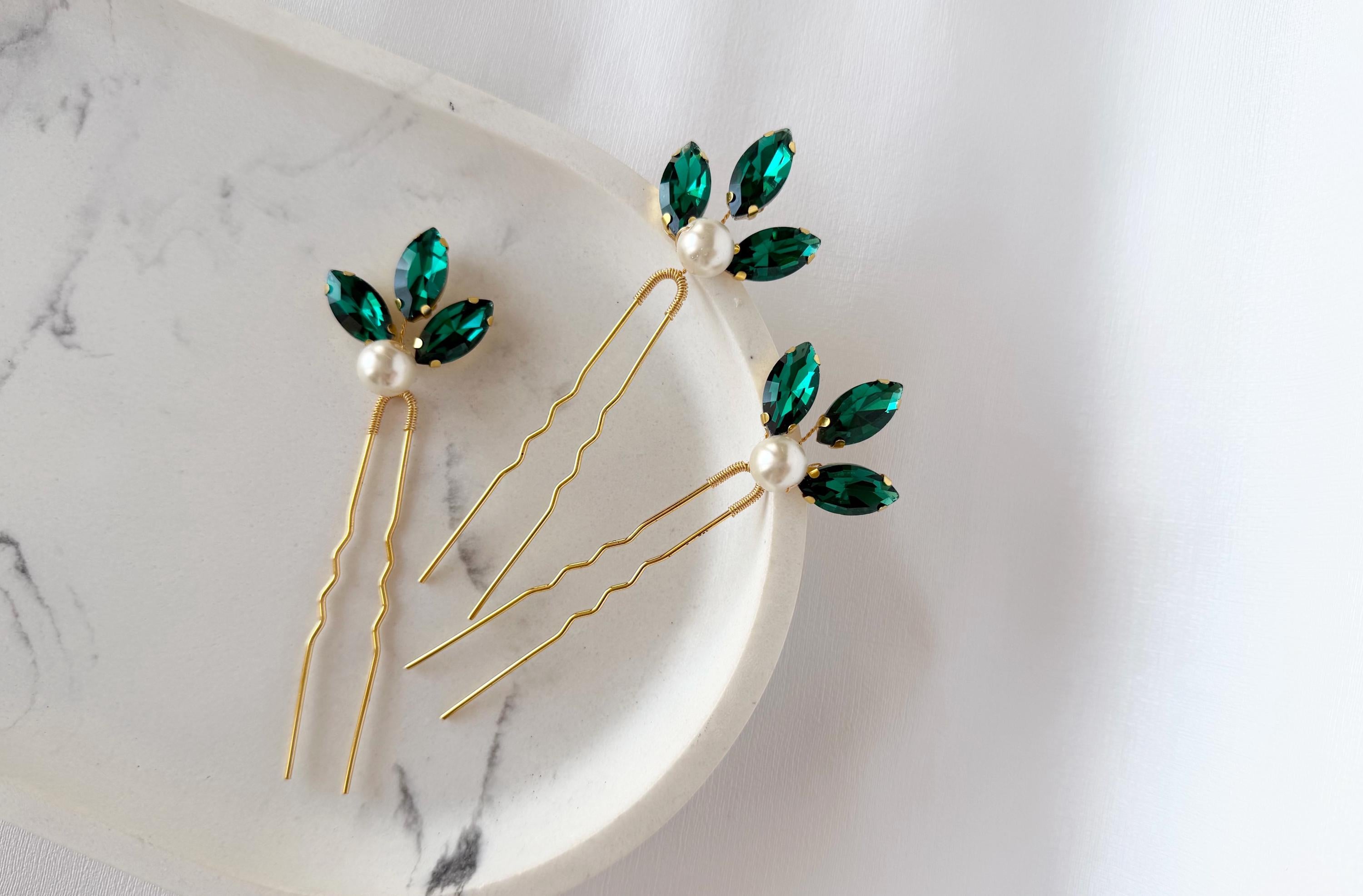 Emerald Green Pearl Hair Pins, Set of 3 Elegant Wedding Hair Accessories
