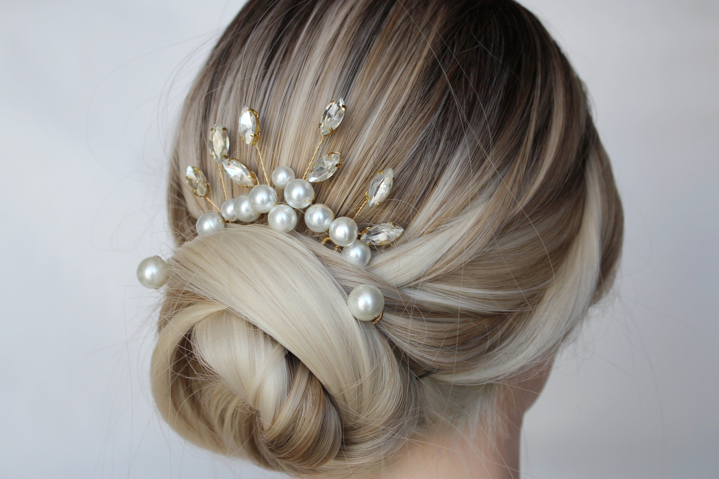 Pearl Wedding Hair Pins: Gold Bridal Crystal Hair Piece Set