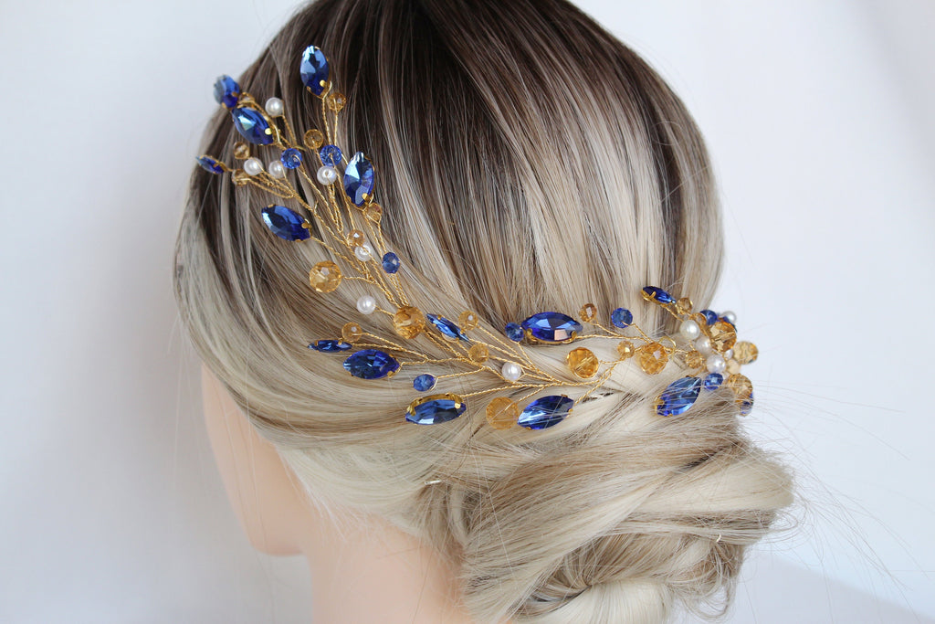 Sapphire Blue Wedding Hair Vine: Gold Bridal Hair Piece
