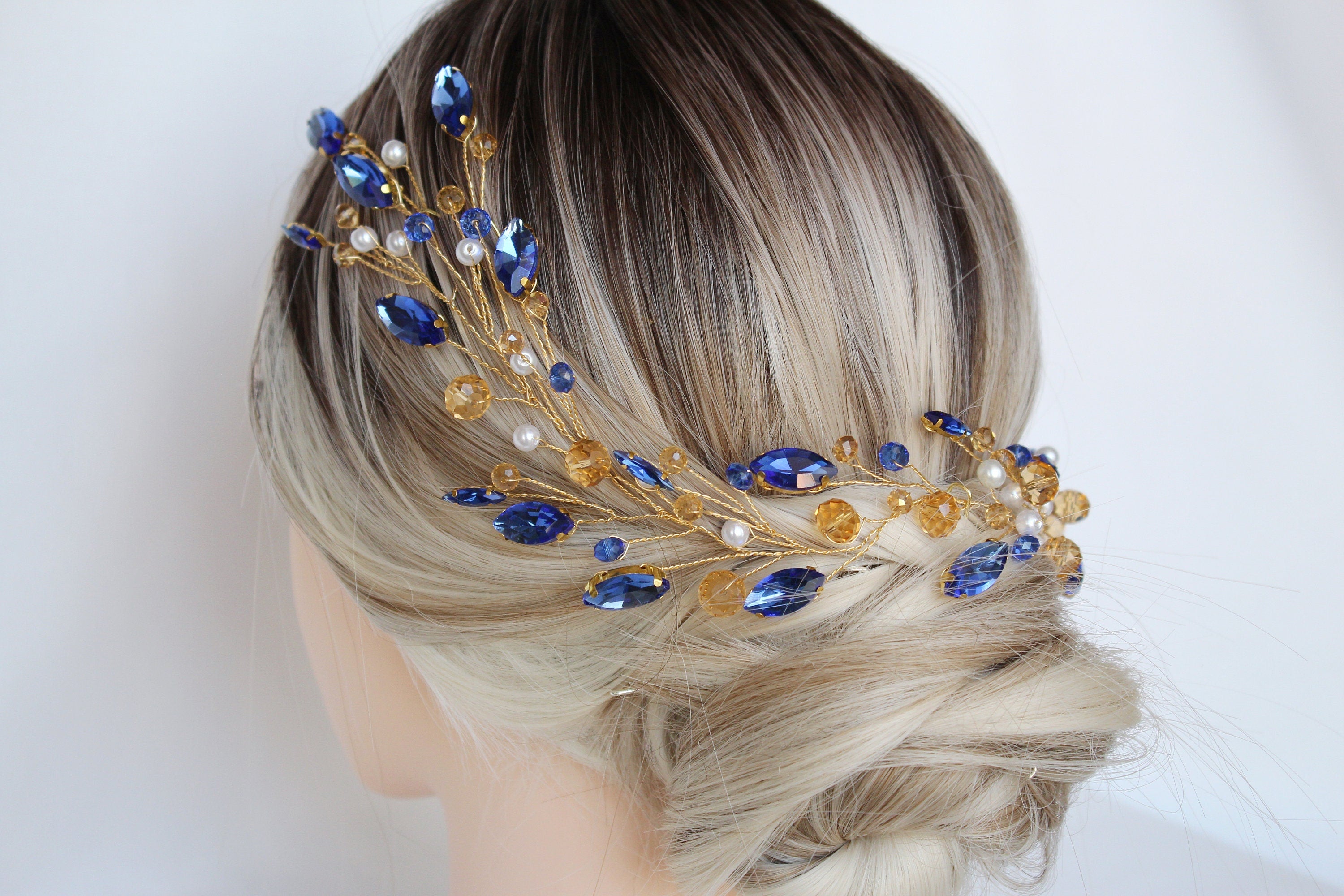 Sapphire Blue Wedding Hair Vine: Gold Bridal Hair Piece