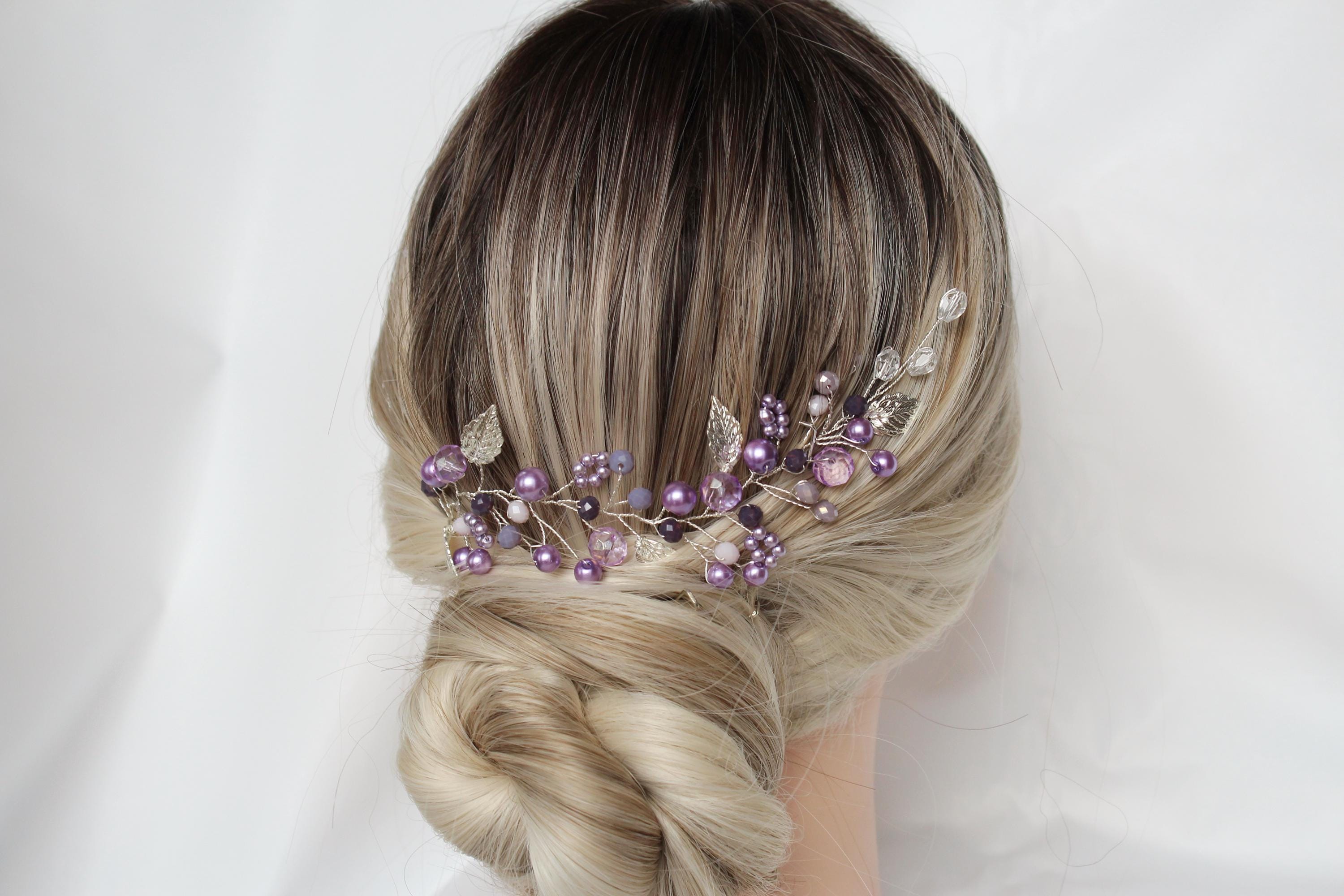 Purple Pearl Hair Vine: Lavender Bridal Headband, Amethyst Jewelry
