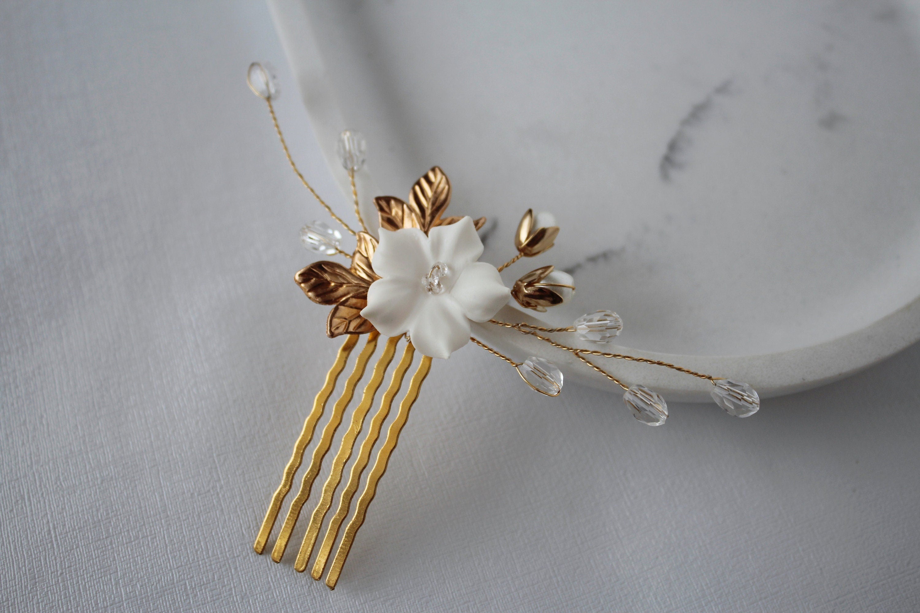 Gold Flower Wedding Hair Comb: Rhinestone Pearl Bridal Hairpiece