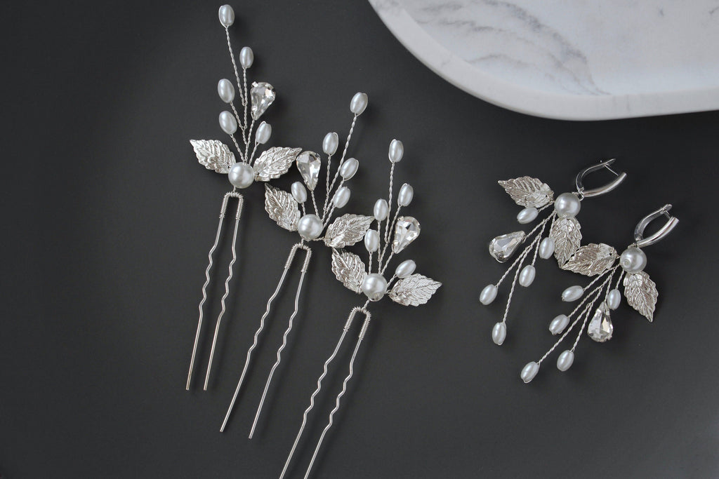 Silver Pearl Leaf Wedding Hair Pins: Bridal Rhinestone Accessory
