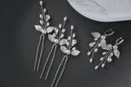 Silver Pearl Leaf Wedding Hair Pins: Bridal Rhinestone Accessory