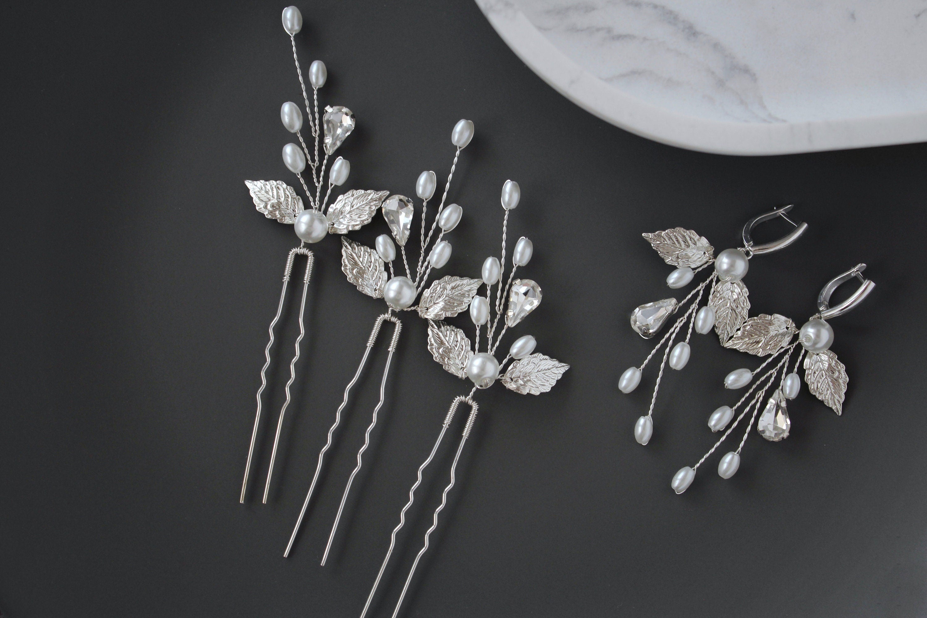 Silver Pearl Leaf Wedding Hair Pins: Bridal Rhinestone Accessory