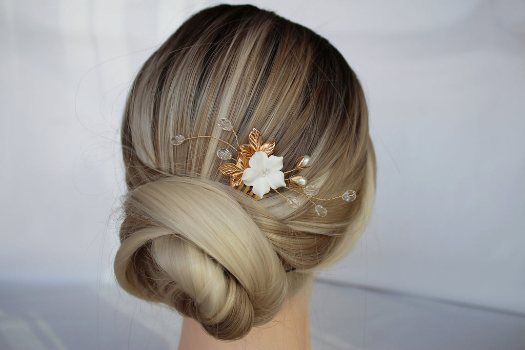 Gold Flower Wedding Hair Comb: Rhinestone Pearl Bridal Hairpiece