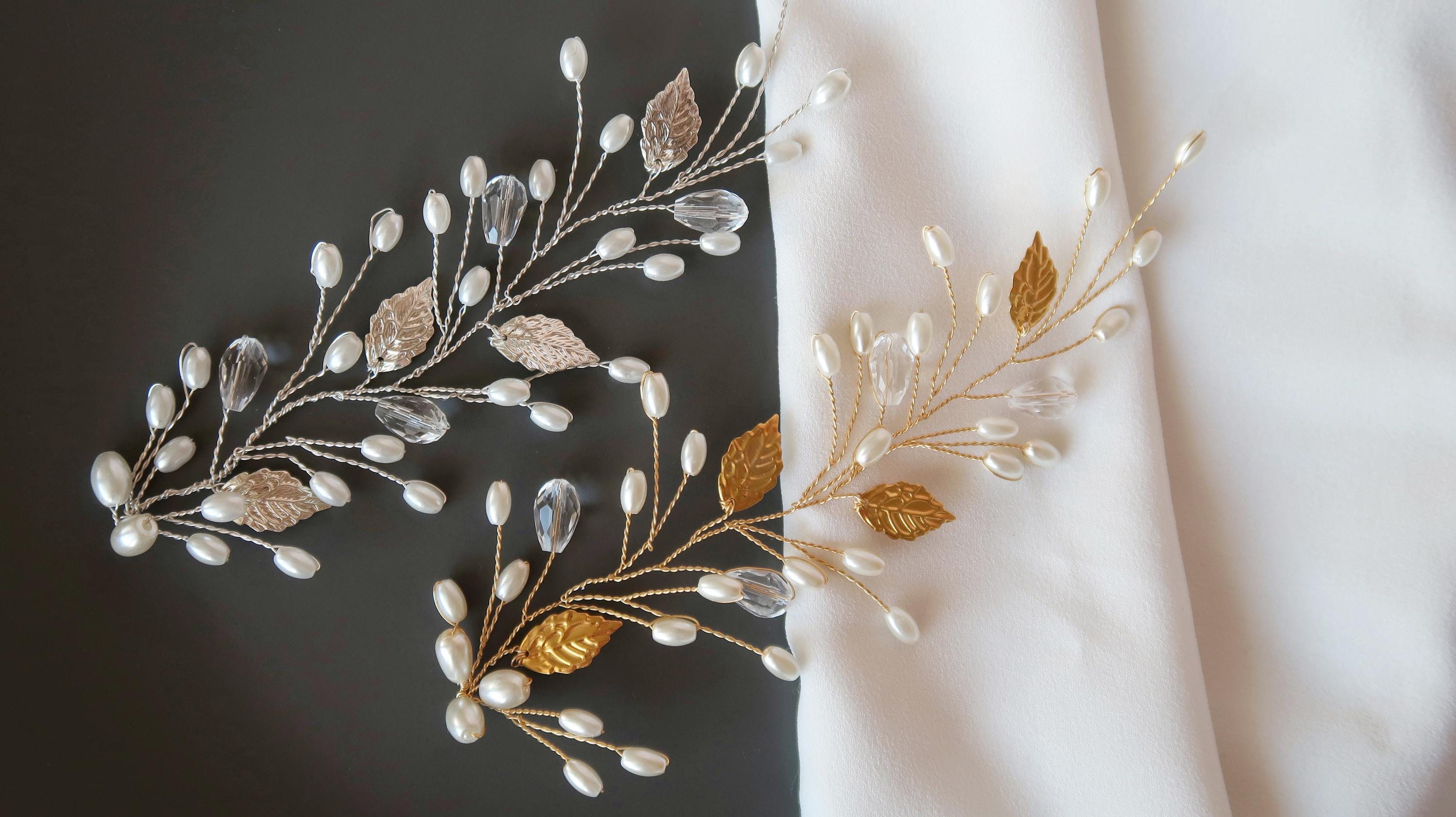 Silver Leaf Hair Vine, Pearl Wedding Hairpiece, Gold Bridal Headband, Rose Gold Hair Piece, Wedding Hair Accessory, Rhinestone Hair vine