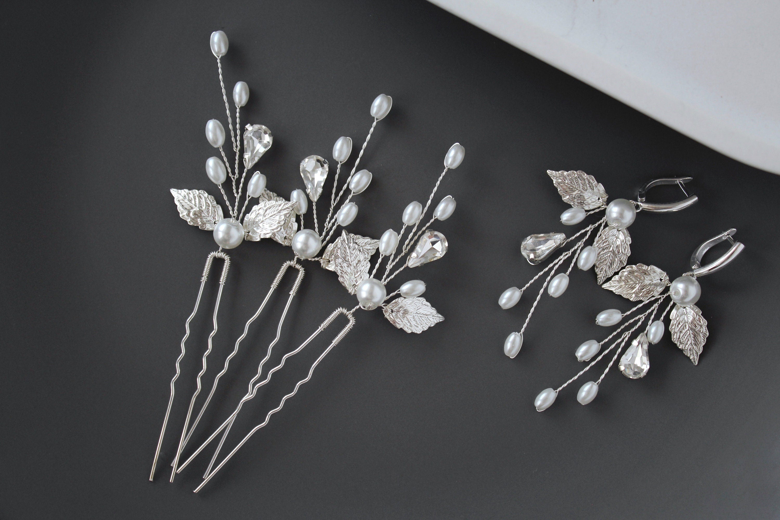 Silver Pearl Leaf Wedding Hair Pins: Bridal Rhinestone Accessory