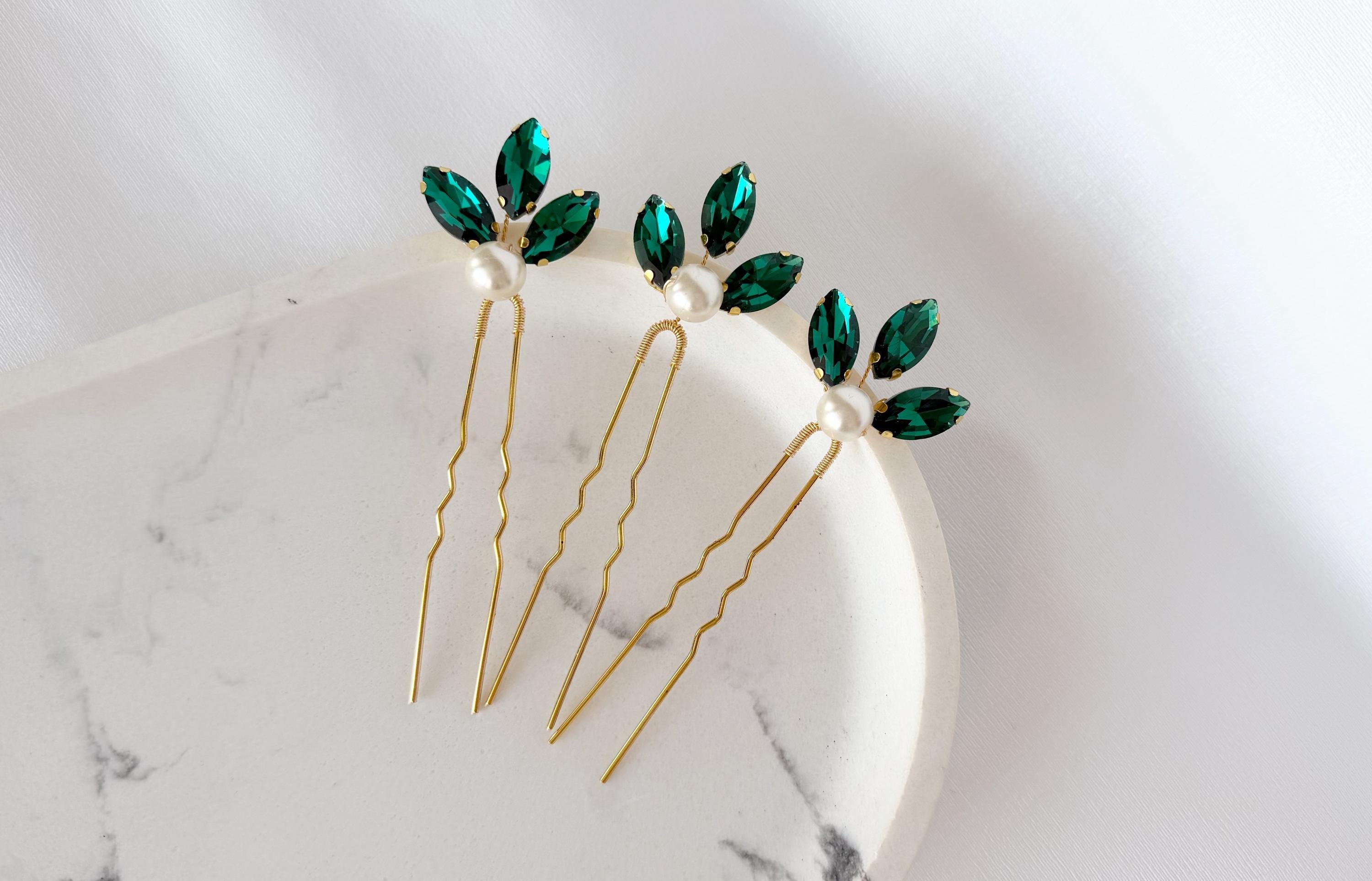 Emerald Green Pearl Hair Pins, Set of 3 Elegant Wedding Hair Accessories