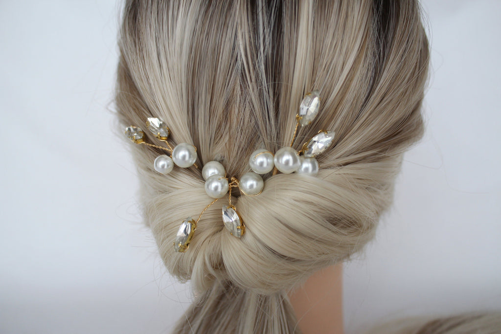 Pearl Crystal Wedding Hair Pins: Gold Bridal Hair Accessory, Set of 3