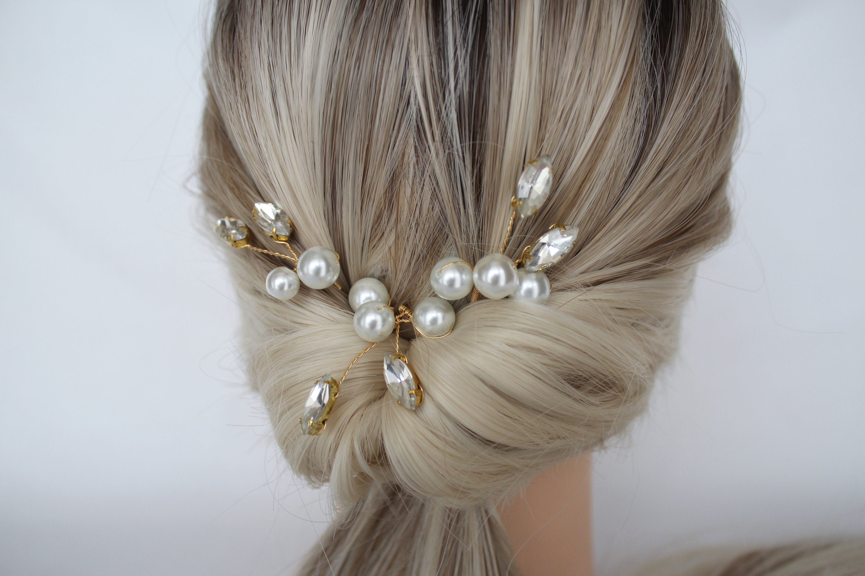Pearl Crystal Wedding Hair Pins: Gold Bridal Hair Accessory, Set of 3