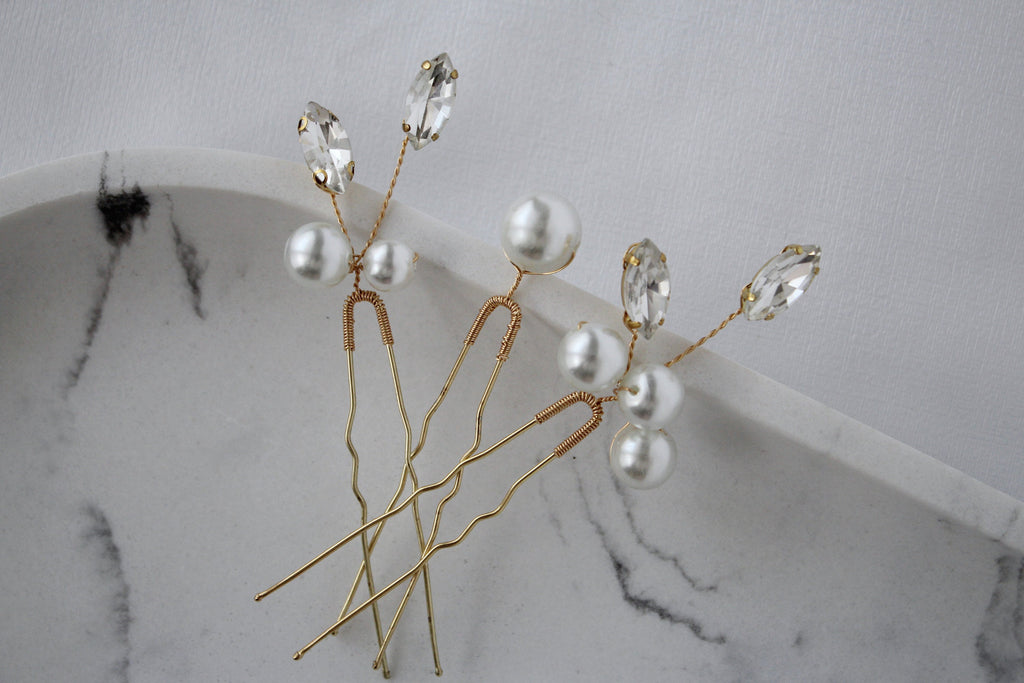 Pearl Wedding Hair Pins: Gold Bridal Crystal Hair Piece Set