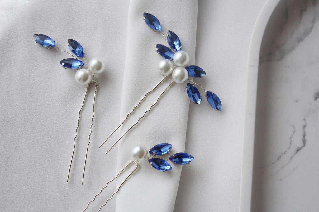 Sapphire Blue Pearl Hair Pins: Bridal Wedding Hair Piece