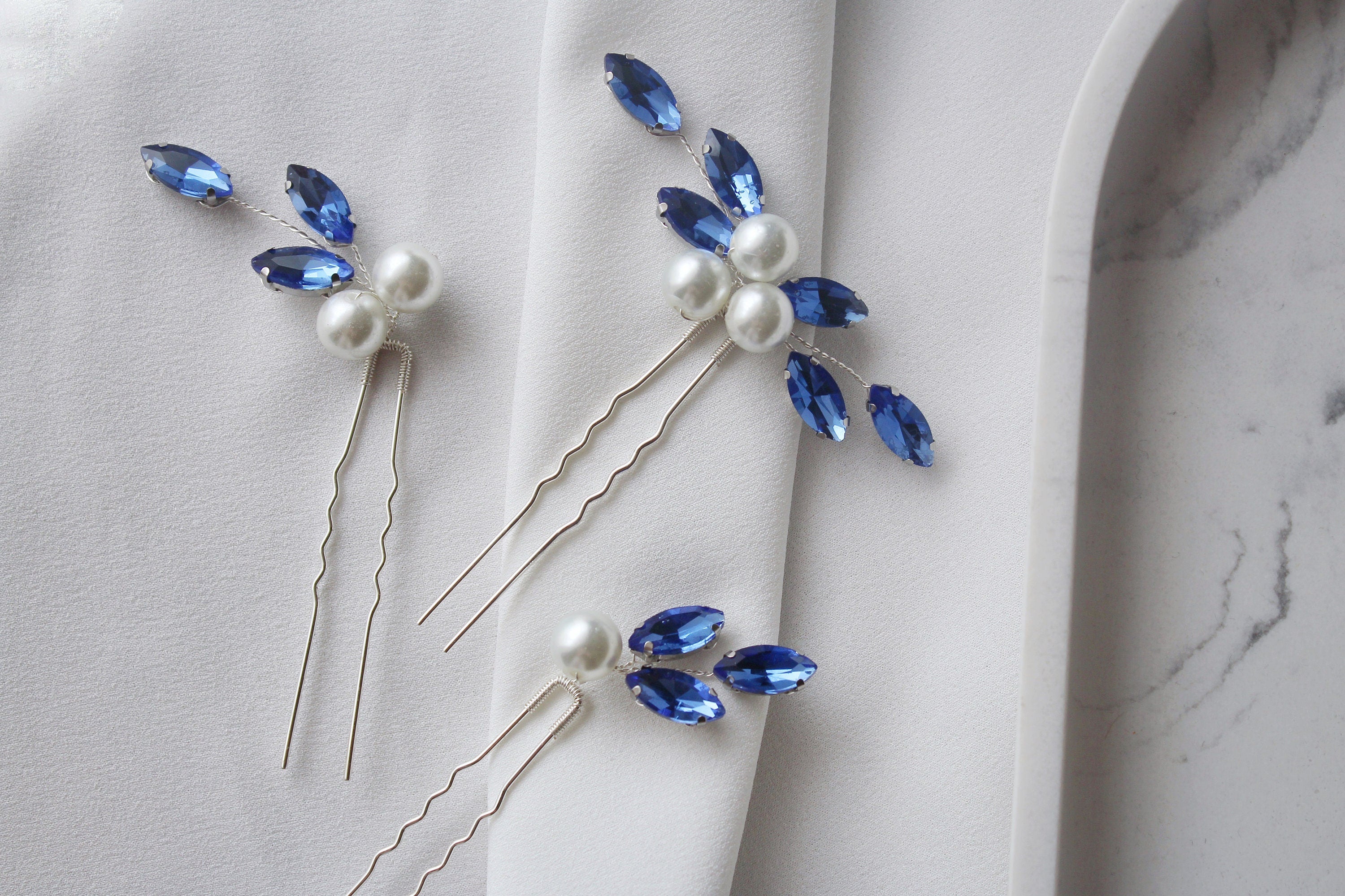 Sapphire Blue Pearl Hair Pins: Bridal Wedding Hair Piece