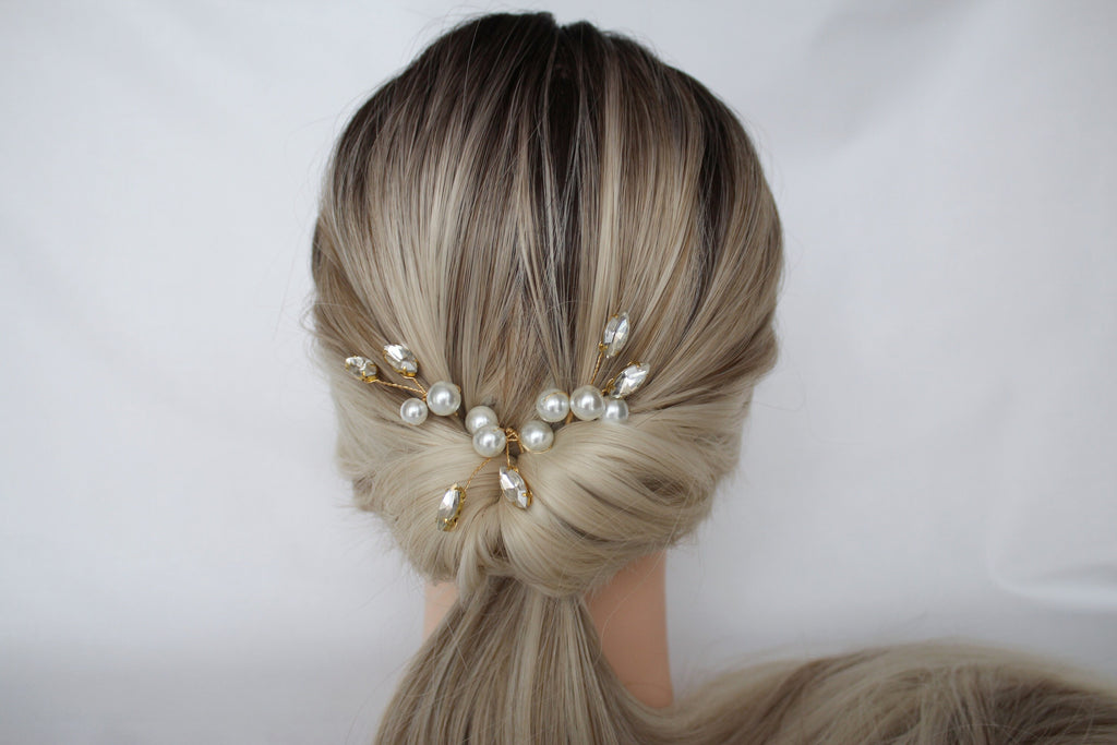Pearl Crystal Wedding Hair Pins: Gold Bridal Hair Accessory, Set of 3