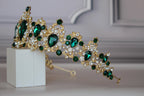 Gold Green Rhinestone Tiara Crown