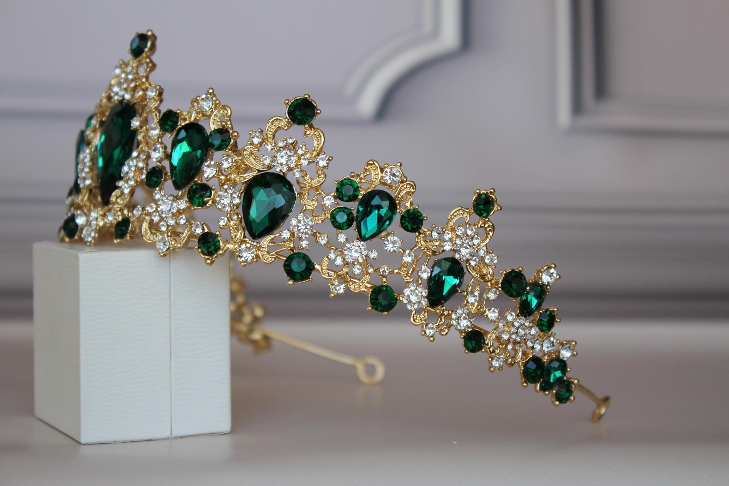 Gold Green Rhinestone Tiara Crown