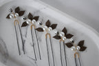 Vintage Pearl Hair Pins: Bronze Leaf Bridal Hair Accessory