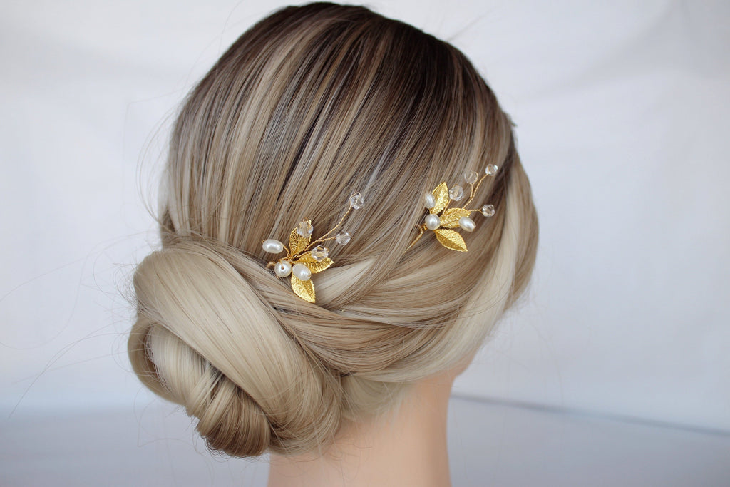 Gold Leaf Pearl Hair Pins: Bridal Rhinestone Hair Piece