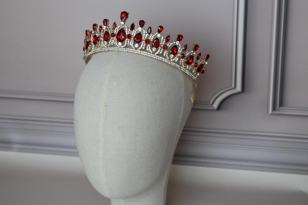 Red tiara-headpiece, Gold Quinceañera crown