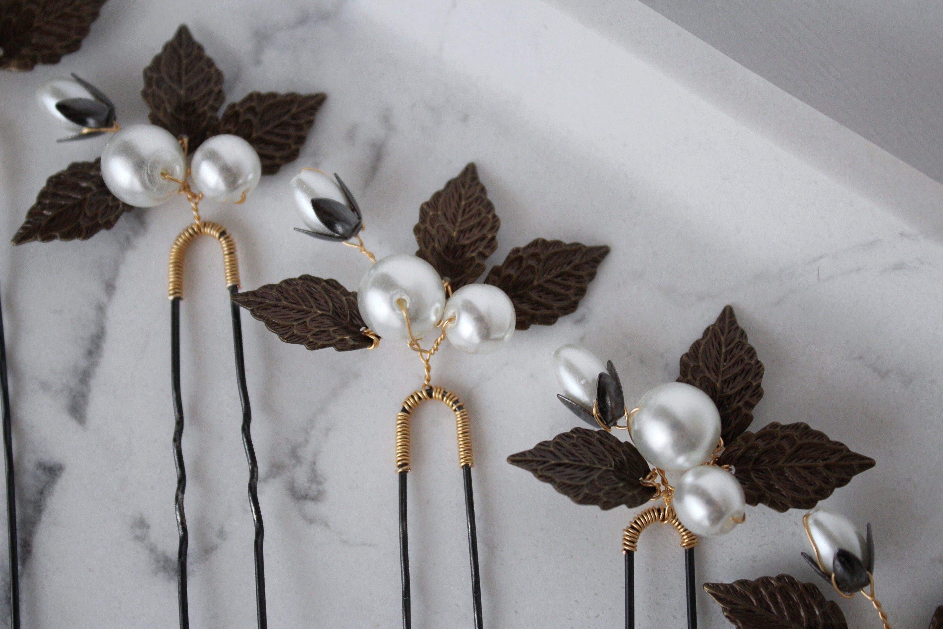 Vintage Pearl Hair Pins: Bronze Leaf Bridal Hair Accessory