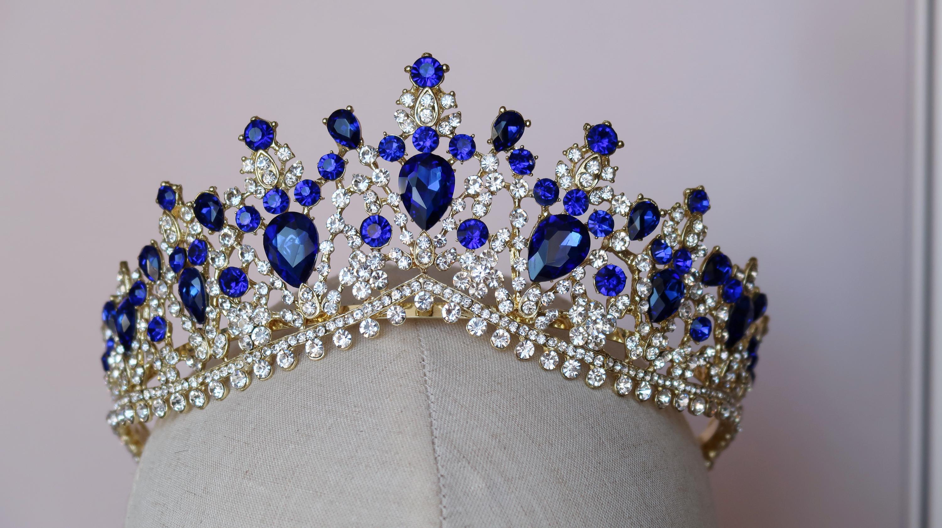 Sapphire Blue gold crown, Quinceanera tiara