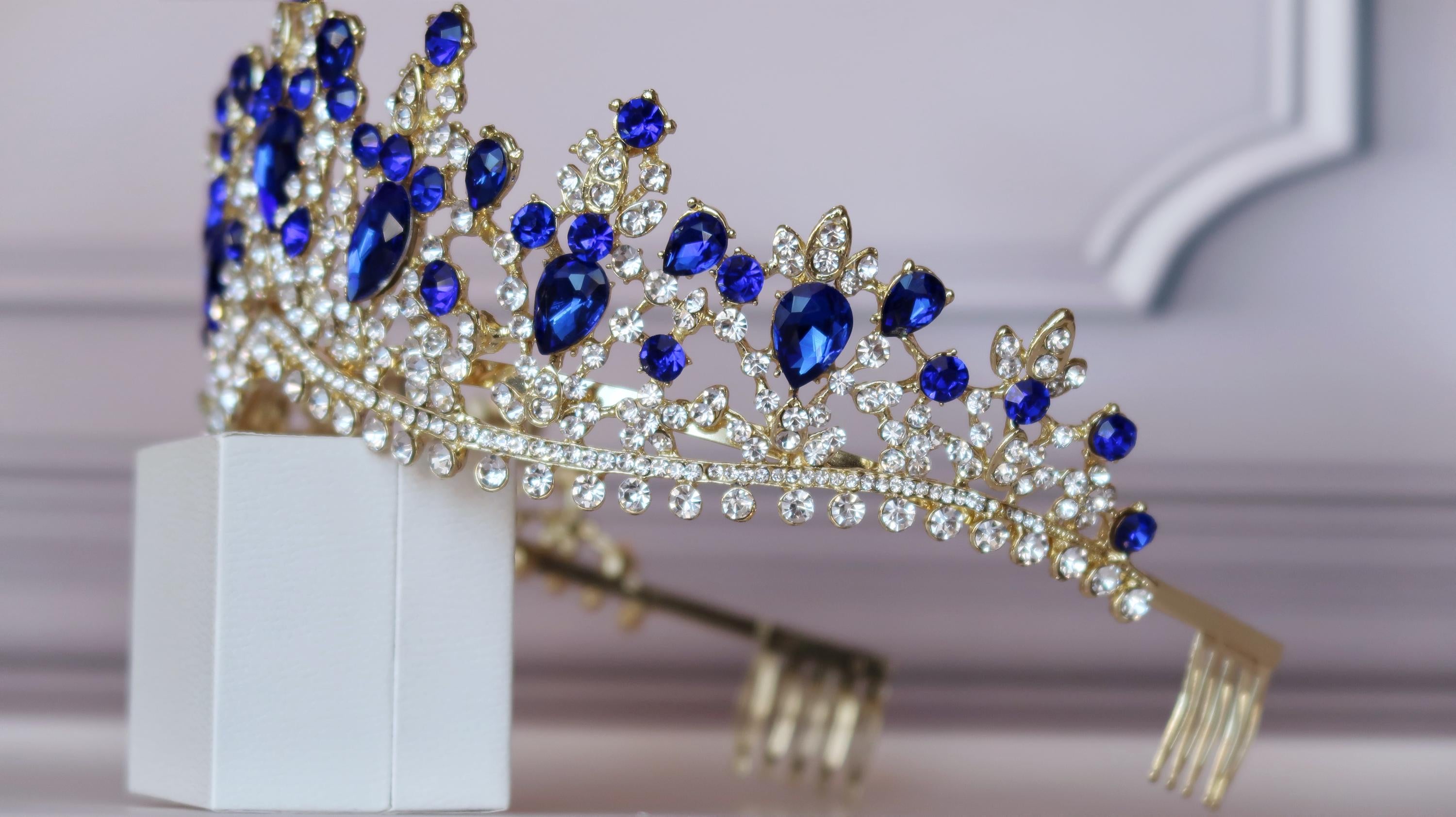 Sapphire Blue gold crown, Quinceanera tiara