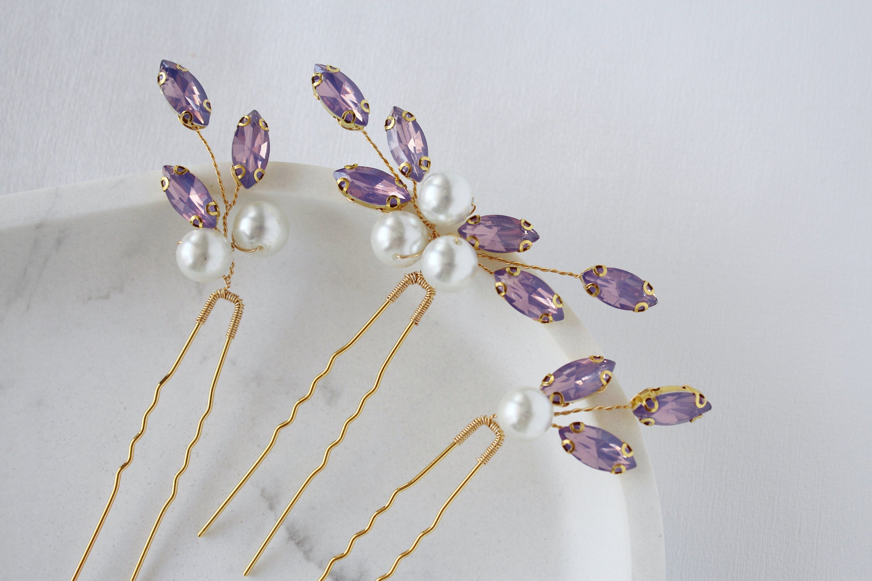 Purple Crystal Bridal Hair Pins: Lavender Wedding Hair Piece