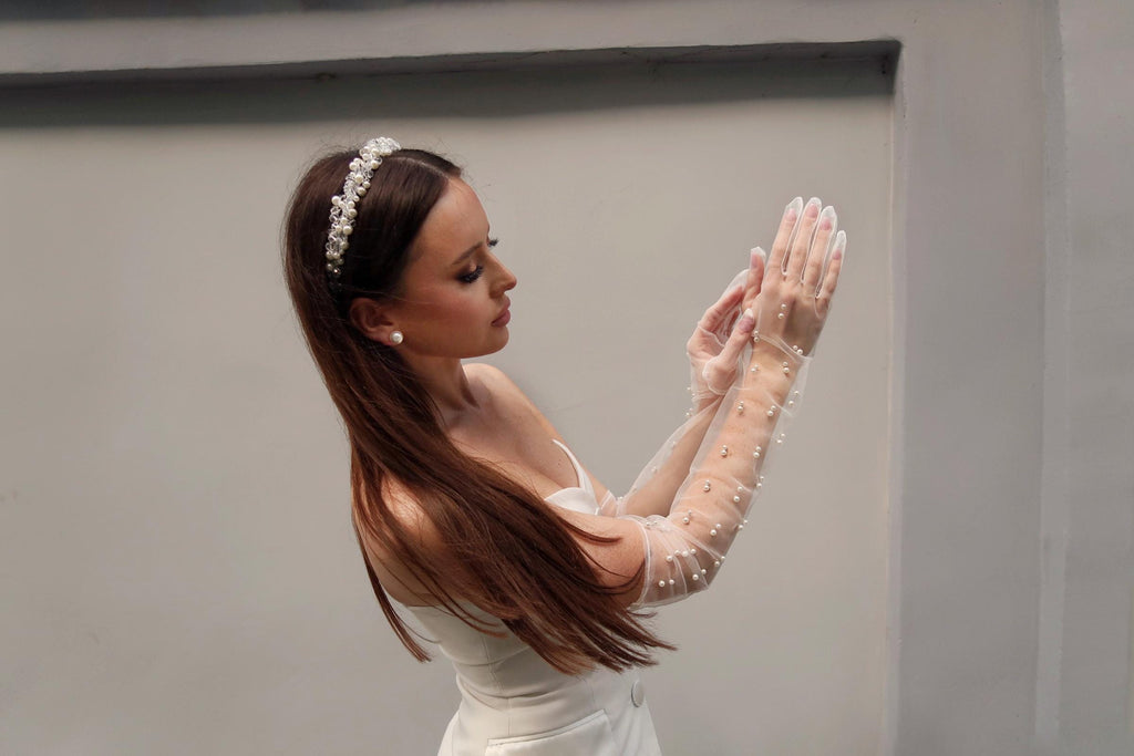Pearl bridal gloves, White tulle gloves, Long bridal sheer gloves