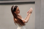 Pearl bridal gloves, White tulle gloves, Long bridal sheer gloves