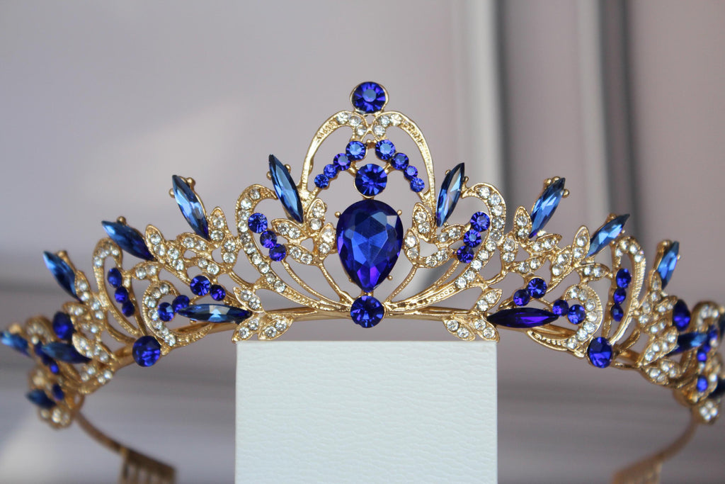 Blue and Gold Sapphire Crown, Bridal Wedding Tiara, Prom & Quinceañera Tiara