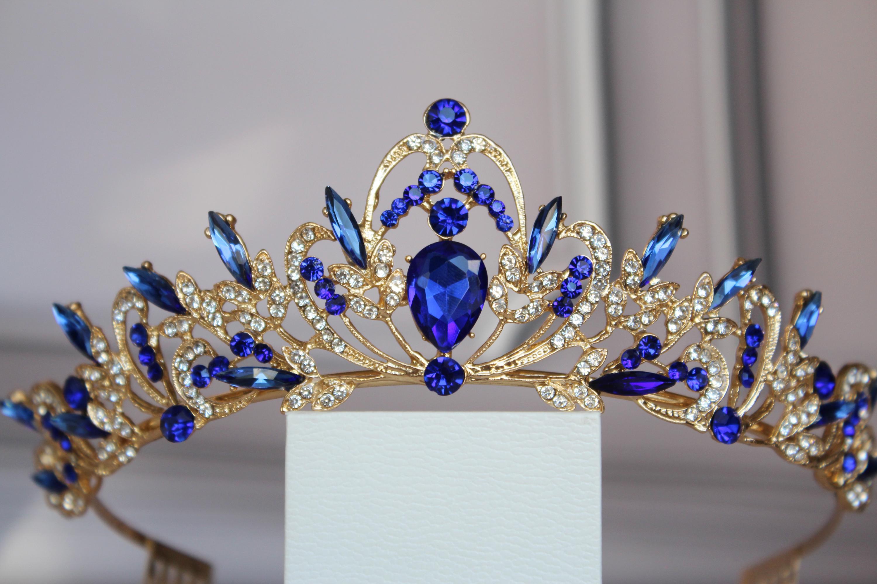 Blue and Gold Sapphire Crown, Bridal Wedding Tiara, Prom & Quinceañera Tiara